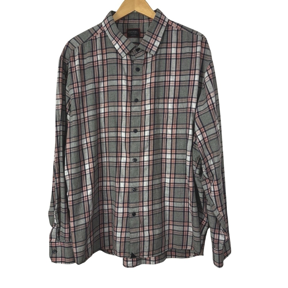 UNTUCKit Button Up Shirt Mens XXXL Gray Pink Plaid Check Rousseau Long Sleeve